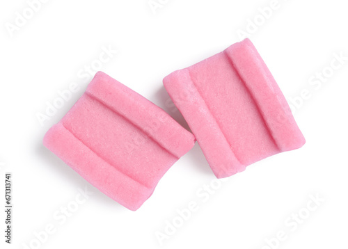 Tasty pink bubble gums isolated on white, top view
