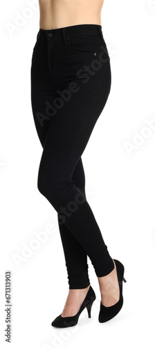 Woman wearing stylish black jeans and high heels shoes on white background, closeup