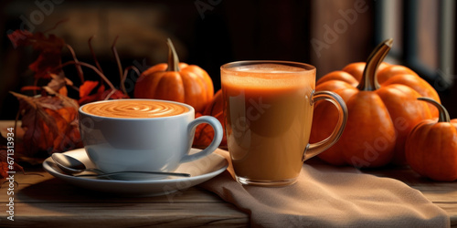 A cup of coffee and pumpkin soup on a wooden table with pumpkins and fall décor