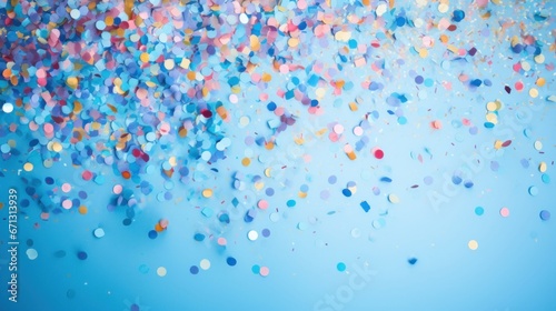 A festive and colorful party with flying neon confetti on a blue background