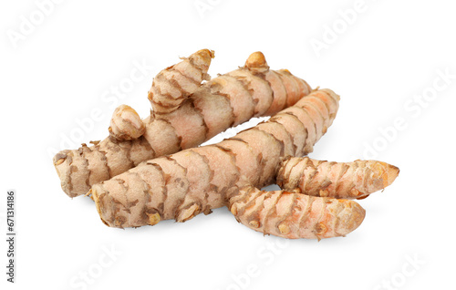 Fresh whole turmeric roots isolated on white