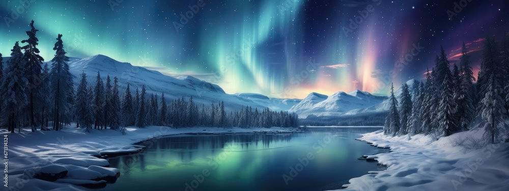 winter fairytale night atmosphere. beautiful northern lights in the sky. mysterious wildlife. - obrazy, fototapety, plakaty 