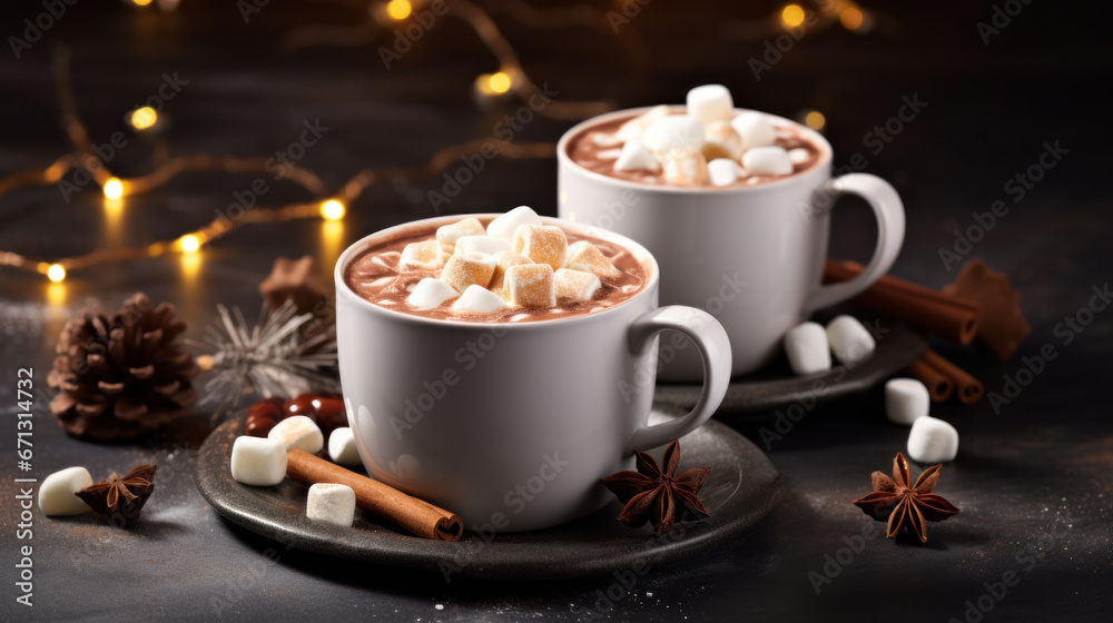Two cups of hot chocolate with marshmallows Two cups of hot chocolate with marshmallows