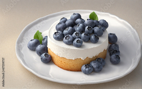 White cake with blueberries on a plate. Generative AI