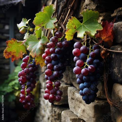 A luscious grape vine draped over a rustic stone 