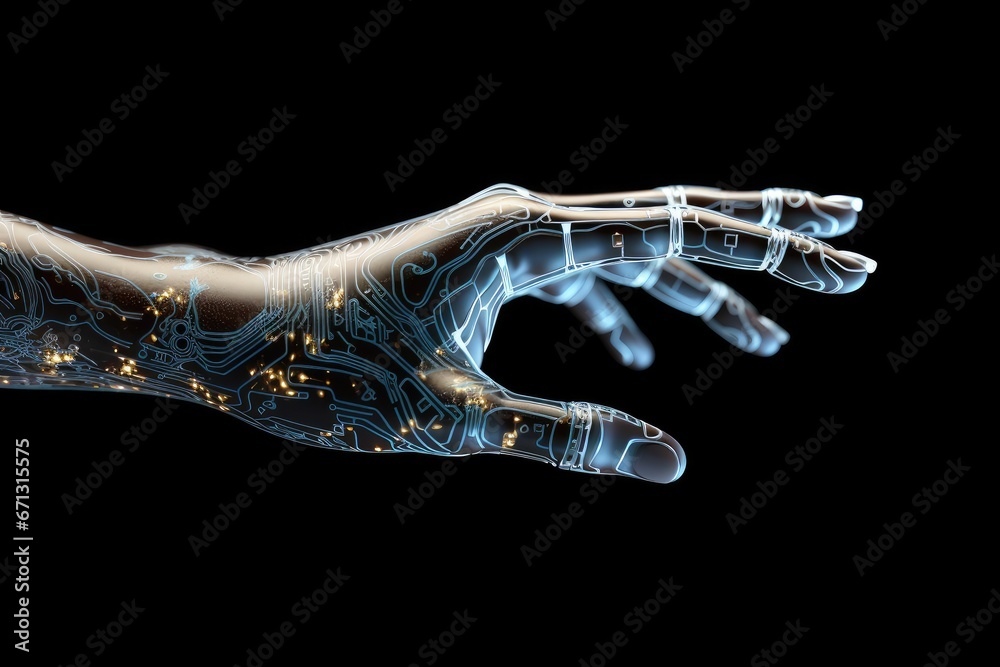 Naklejka premium cyborg human hand with microcircuits. artificial intelligence.