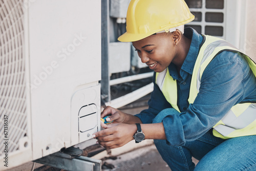 Happy black woman, technician and building installation for air control, construction or vent on roof. African female person, contractor or engineer installing industrial equipment for architecture photo