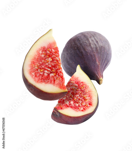 Fototapeta Naklejka Na Ścianę i Meble -  Fresh figs falling on white background, cut and whole one