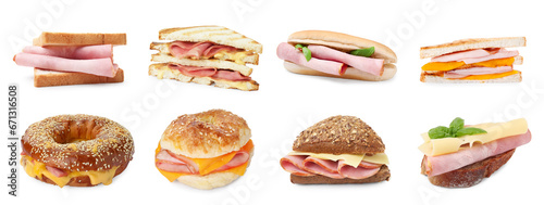 Different tasty sandwiches with ham isolated on white, collection