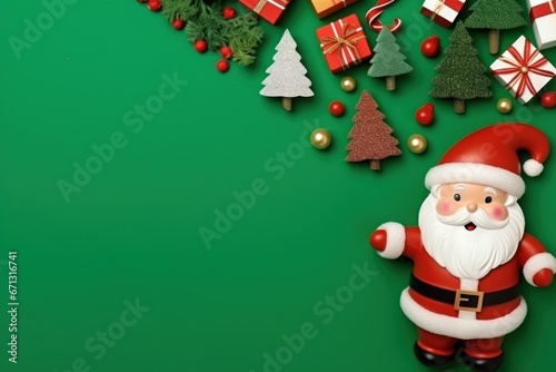 Top view of composition with Christmas decorations and copy space on green background