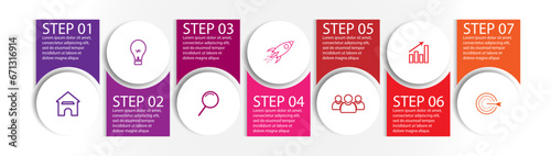 7 step infographics, simple infographic design consisting of seven interrelated parts, circle design combined with squares, lines, icons and colors, good for your business presentation