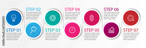7 step infographics, simple infographic design consisting of seven interrelated parts, circle design combined with squares, lines, icons and colors, good for your business presentation