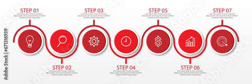 7 step infographics, simple infographic design consisting of seven interrelated parts, circle design combined with squares, lines, icons and colors, good for your business presentation