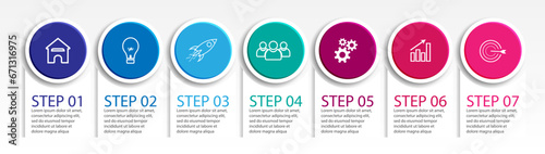 7 step infographics, simple infographic design consisting of seven interrelated parts, circle design combined with squares, lines, icons and colors, good for your business presentation