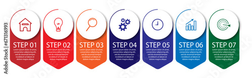 7 step infographics, simple infographic design consisting of seven interrelated parts, circle design combined with squares, lines, icons and colors, good for your business presentation