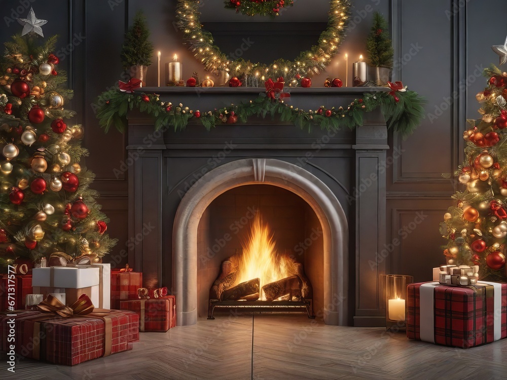 Yuletide Harmony: Christmas Tree Next to Fireplace. Generative AI.