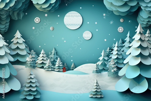 Winter forest with snow and moon. Paper art style. Vector illustration. 