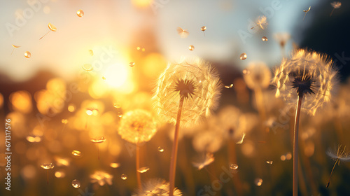 view of dandelion seeds floating at sunset  asthetic style  cinematic lighning