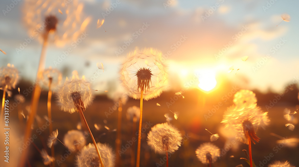 view of dandelion seeds floating at sunset, asthetic style, cinematic lighning