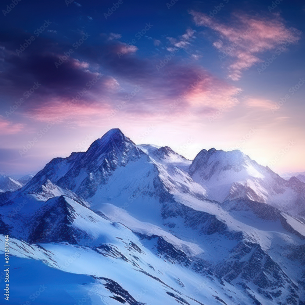 Majestic snow-capped mountain against a twilight sky 
