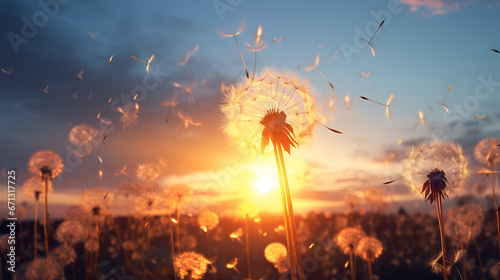 view of dandelion seeds floating at sunset, asthetic style, cinematic lighning photo