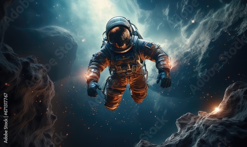 Fotografie, Obraz realistic galaxy astronaut floating in space with earth in the background