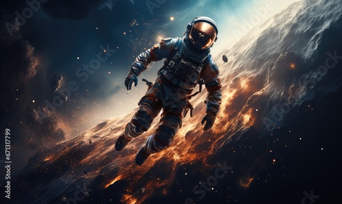 realistic galaxy astronaut floating in space with earth in the background