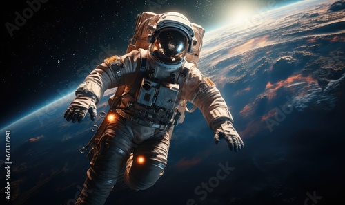 realistic galaxy astronaut floating in space with earth in the background