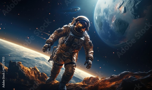 realistic galaxy astronaut floating in space with earth in the background © Surasak-Art