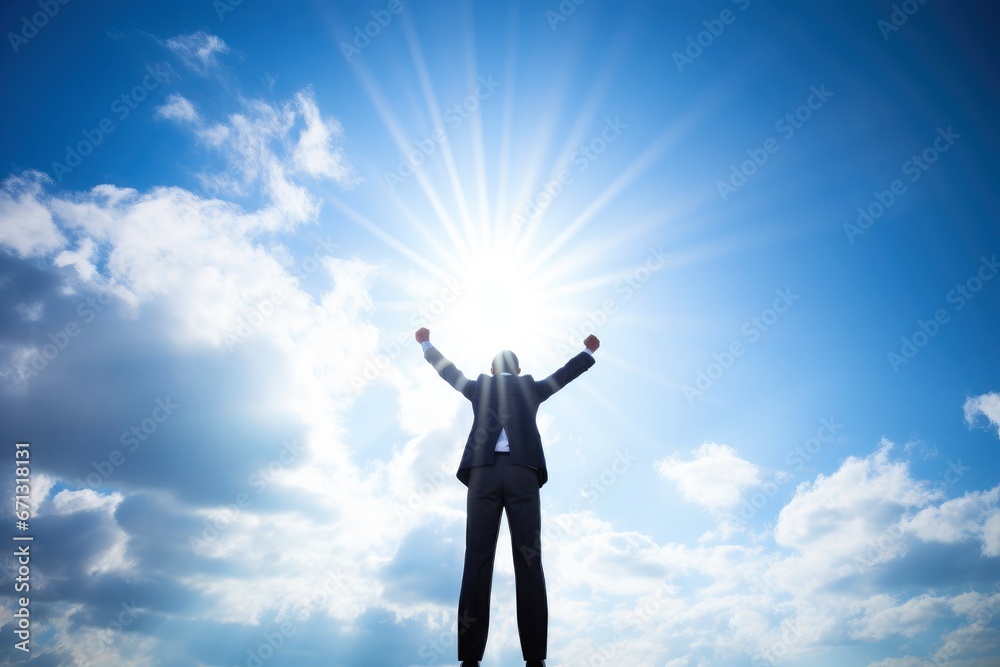 Business man carefree outstretched arms with sky and sunlight Business man carefree outstretched arms with sky and sunlight