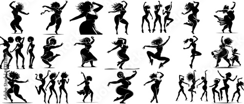 Joyful Rhythm, motion: Dancing Women Silhouettes Celebrating Diversity,  Set of Editable Stroke Graphics