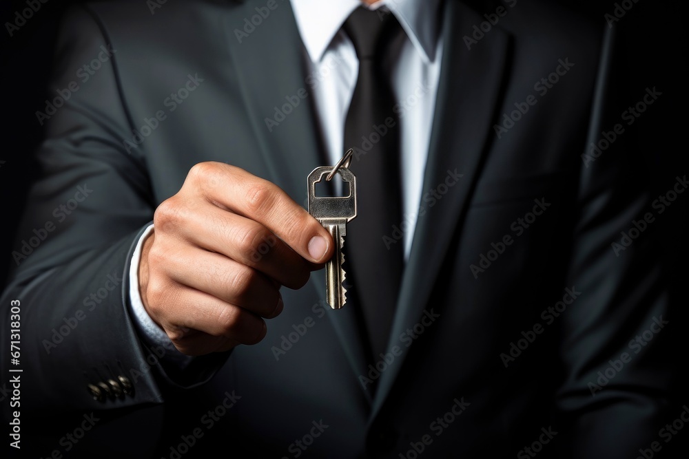 Close up business man holding a key in hand, credit or property concept