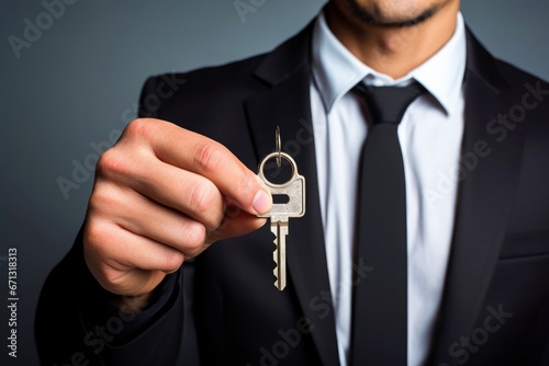 Close up business man holding a key in hand, credit or property concept
