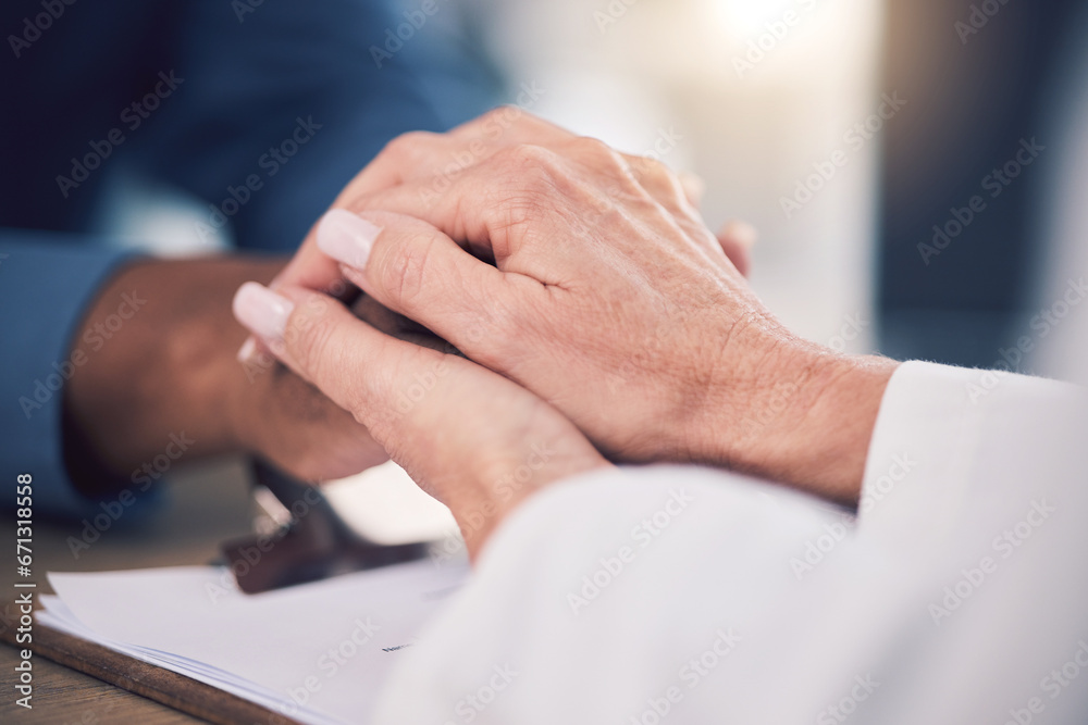 Obraz premium Cancer, empathy and doctor holding hands of patient for care, kindness and hope. Comfort, medical professional and person consulting for wellness, healthcare and help, therapy and support in hospital