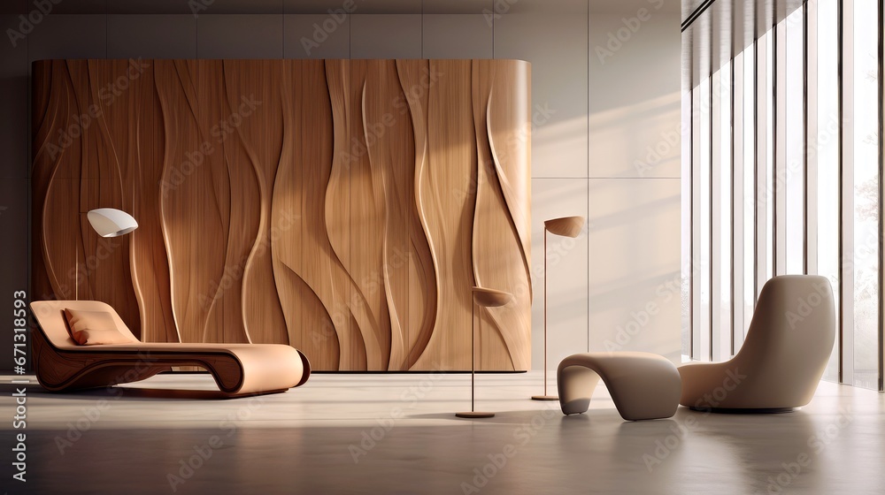 Modern living room with wooden geometric wall