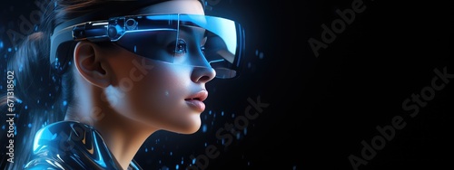 Man wearing VR reality glasses. Technologies of the future cyber world and Metaverse. Futuristic 3D glasses with projection. scientific technologies. Gamer.