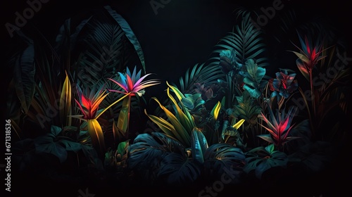 a tropical plant in neon light on a black background © Supardi