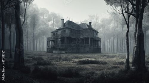 Fotografiet Abandoned old house in a foggy forest. 3d rendering