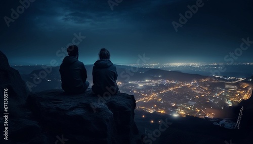 A young couple sitting on a rock on the top of a mountain looking at the night view of the city or town