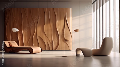 Obraz na płótnie Modern living room with wooden geometric wall w salonie