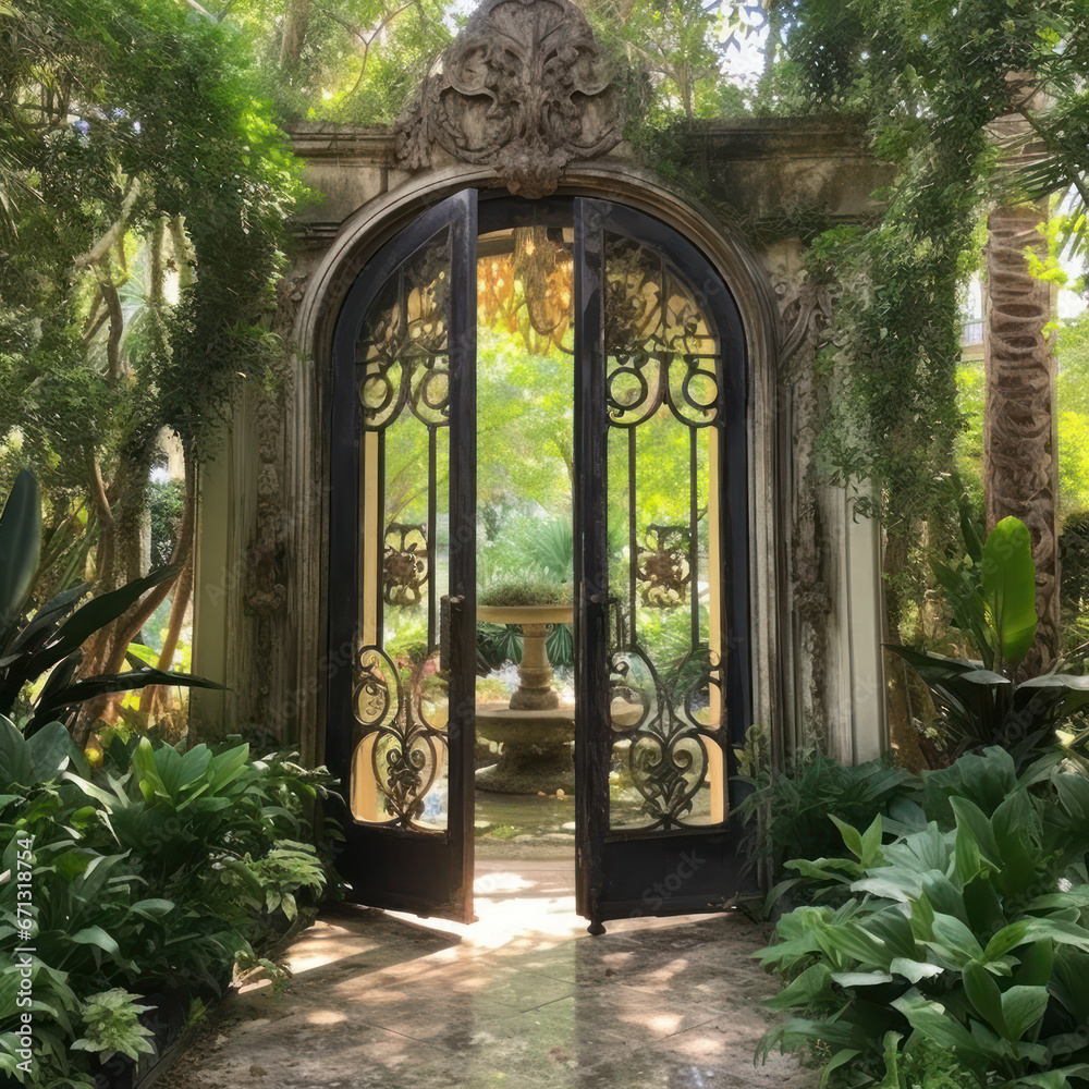 Fototapeta premium Antique French doors opening to a secret garden 