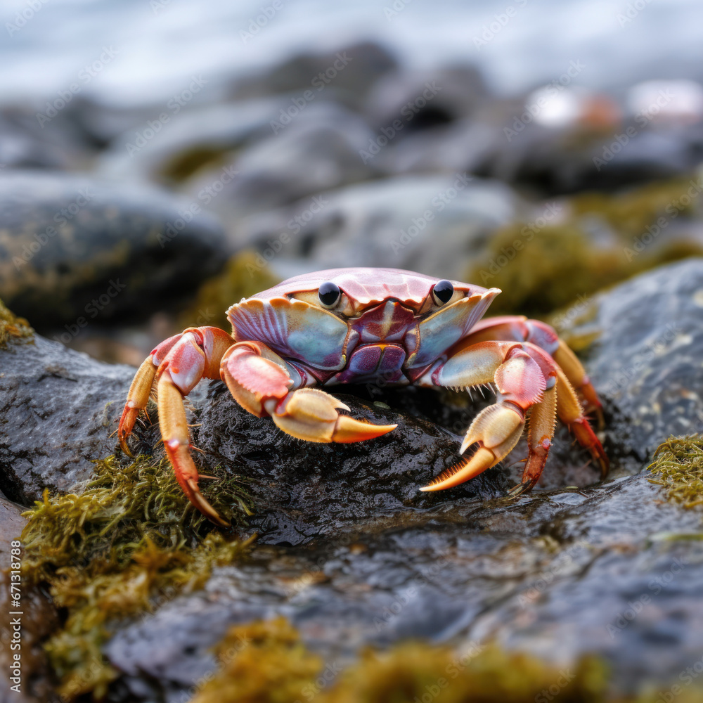  A periwinkle crab scuttling along a rocky shoreline. 
