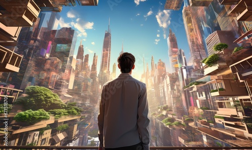 Business man in city center looking at view up at modern skyscrapers downtown. Businessman from the back contemplating career and job photo