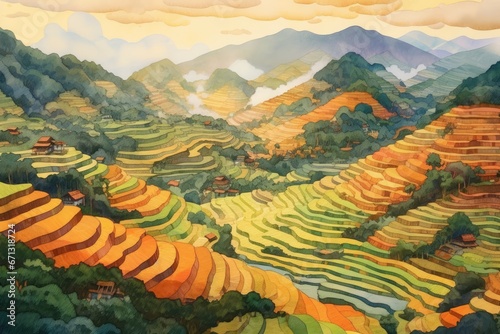 A Watercolor Tapestry of Terraced Rice Fields Serene Landscape