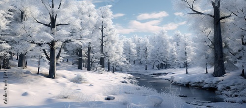 Beautiful winter landscape with river and trees covered with hoarfrost photo