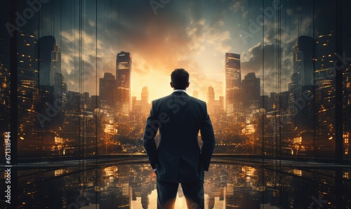 Business, The concept of modern life, The double exposure image of the business man standing back during sunrise overlay with cityscape image © Surasak-Art