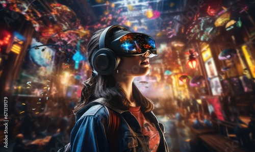 person using a futuristic virtual reality headset, immersed in a digital world