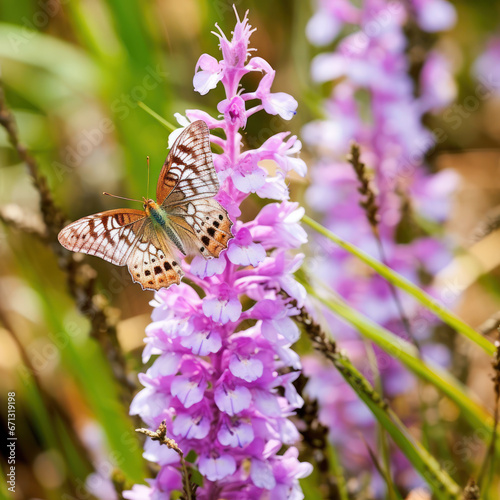 A lavender butterfly delicately landing 