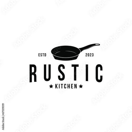 Cast iron craftsmanship cook pan logo design idea vintage retro style