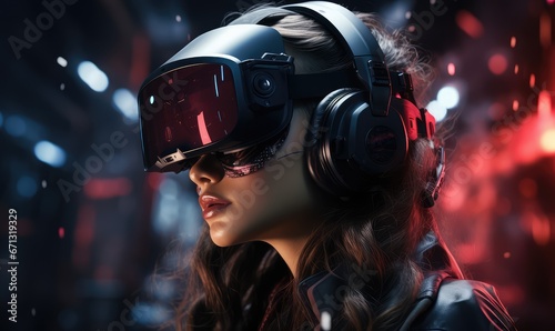 woman on the isolated blurred cyborg character wearing virtual reality goggles